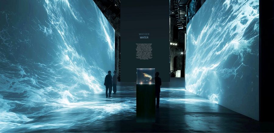 Visualisierung der begleitenden Ausstellung zu Antarktis mit großen Bildschirmen, die Wasserbewegungen zeigen. In der Mitte befindet sich ein Exponat eines Krills in einer Vitrine.